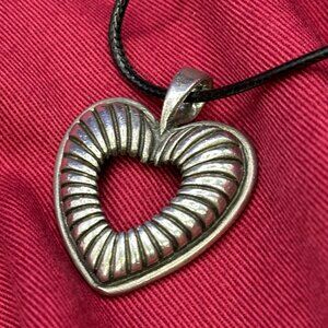 VTG Marcie USA Pewter Heart Pendant Necklace on Black Cord